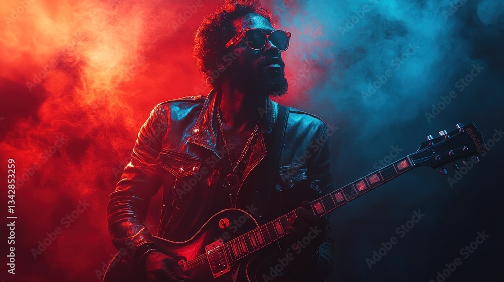 Obraz premium Electric Guitarist in Red and Blue Smoke