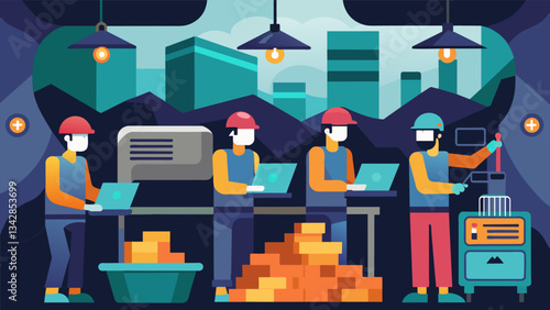 An underground factory with miners sorting through mounds of data utilizing technology to refine it into useful knowledge.. Vector illustration