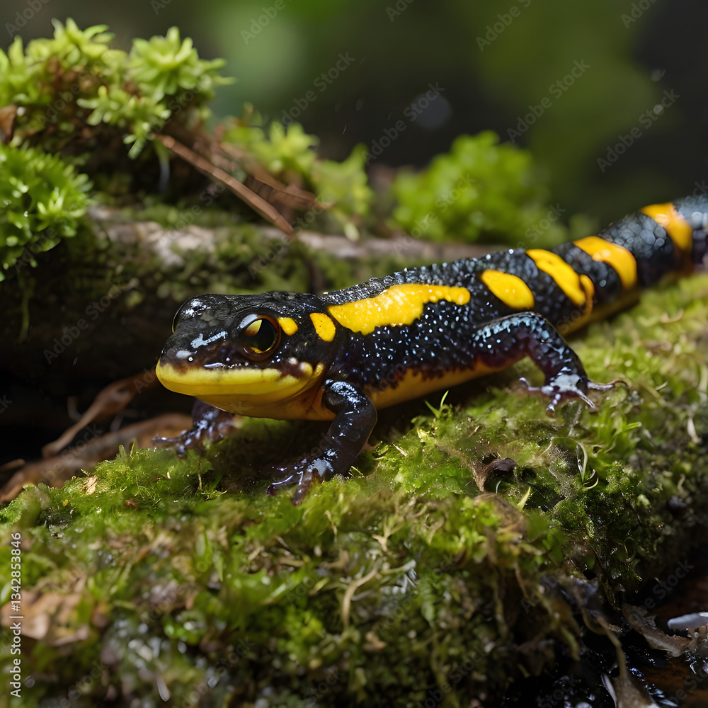 Fire Salamander in the Moss: A vibrant fire salamander rests amidst lush green moss, its striking black and yellow pattern contrasting vividly with the natural surroundings. Fire Salamander in the Moss: A vibrant fire salamander rests amidst lush green moss, its striking black and yellow pattern contrasting vividly with the natural surroundings.