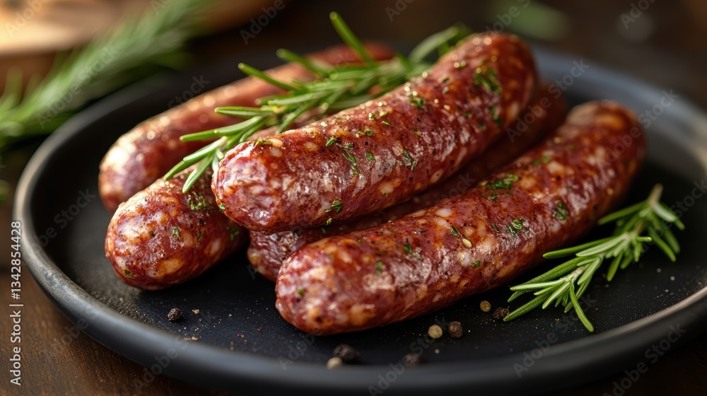 A symphony of savory scents: raw sausages, their surfaces glistening with glistening spices and fragrant rosemary, tantalizing the senses and promising a culinary adventure. A symphony of savory scents: raw sausages, their surfaces glistening with glistening spices and fragrant rosemary, tantalizing the senses and promising a culinary adventure.