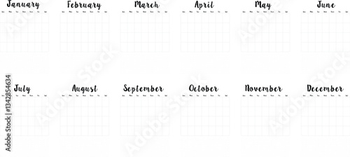 minimalist a4 printable year planner (12 months)  with clean grid layout with goal-setting space for productive time management and customizable scheduling