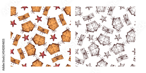 hand drawn colored and monochrome seamless pattern with swimwear and starfish in vintage style