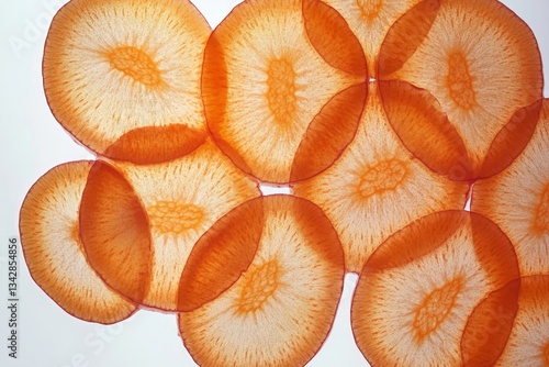 Thinly sliced carrots, close-up view of cross-sections photo