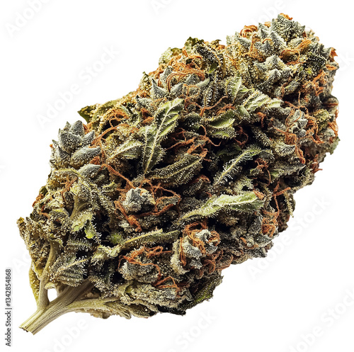 close up of dried cannabis flower bud showcasing its intricate texture and vibrant colors, including green and orange hues. detailed trichomes are visible, highlighting its quality
