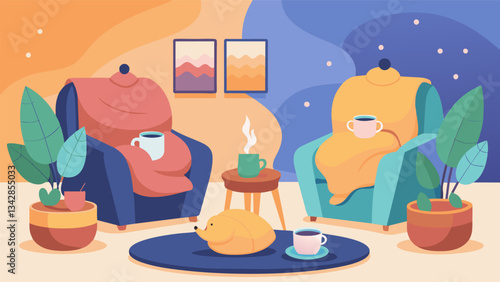 A cozy corner with plush armchairs and soft blankets where participants take breaks from their crafting to sip on herbal tea and reflect.. Vector illustration
