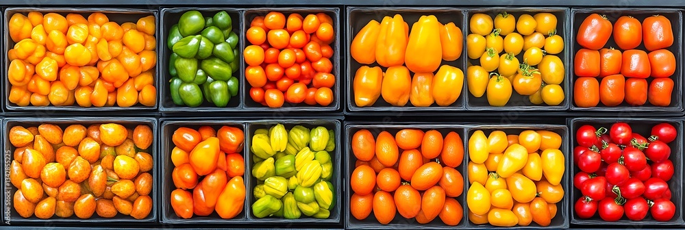 Fototapeta premium Colorful display of fresh tomatoes in market in containers, for sale