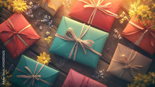 An array of colorful gift boxes with bows perfectly arranged on a table evoking a joyful atmosphere for a family reunion celebration.