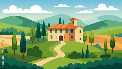 A charming villa nestled in the hills of Tuscany acting as the perfect home base for a group of senior travelers to immerse themselves in Italian culture and cuisine.. Vector illustration