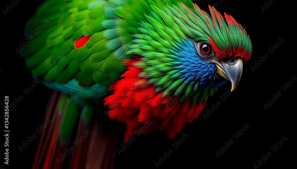 Fototapeta premium Vibrant parrot with a mix of green, blue, and red feathers against a dark background.
