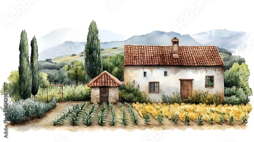Traditional old wooden house with a rustic stone roof nestled in a scenic mountain village surrounded by nature and trees.