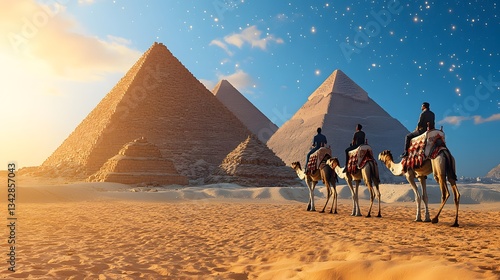 Scenic landscape of a Bedouin camel caravan crossing the Sahara sand dunes near the Great Pyramids of Giza at sunset.