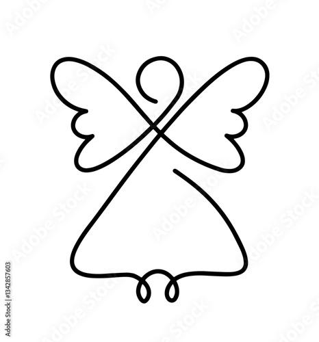 Angel Outline Created with One Continuous Line, Representing Christmas Angel Decoration, Holiday Spirit, Sacred Symbol, and Religious Christmas Traditions

