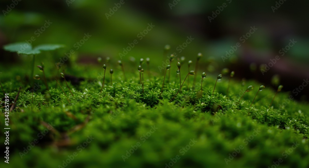 Close-up view of vibrant green moss with delicate moss sprouts in a forest setting Close-up view of vibrant green moss with delicate moss sprouts in a forest setting