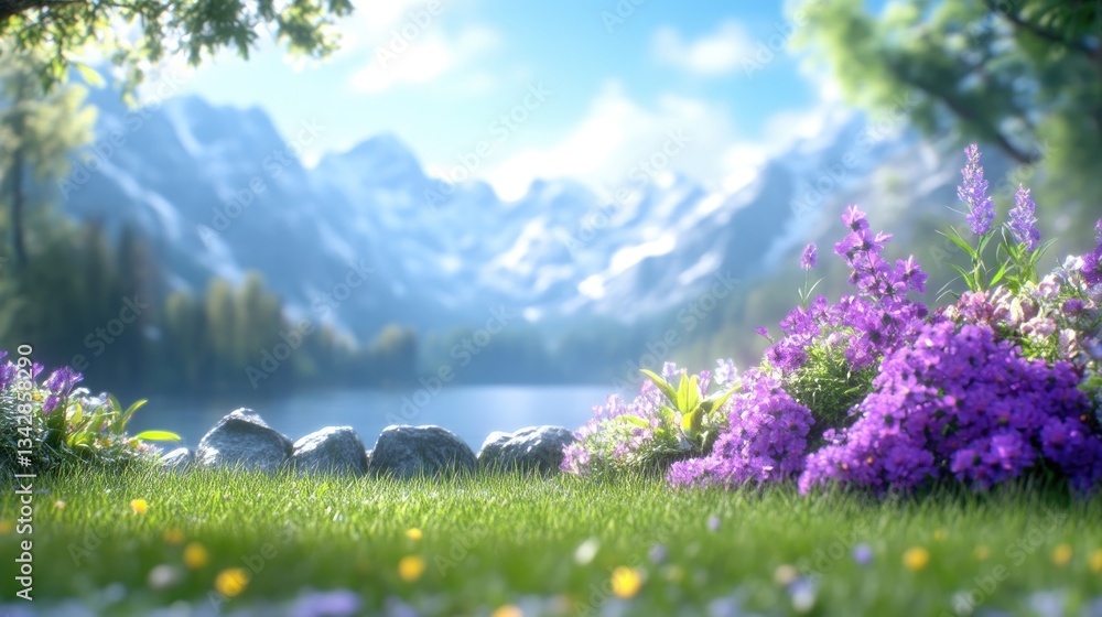 Obraz premium Serene mountain lake landscape. Lush flowers and vibrant greenery frame a tranquil alpine vista