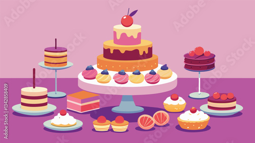 A tower of delectable macarons and mini desserts adorning a lavish grazing table at a luxurious wedding.. Vector illustration