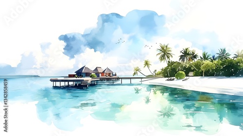 watercolor Maldives island on white background