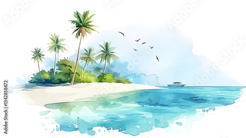 watercolor Maldives island on white background