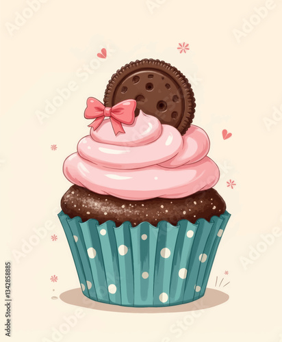 Adorable pink cupcake with cookie and bow illustration