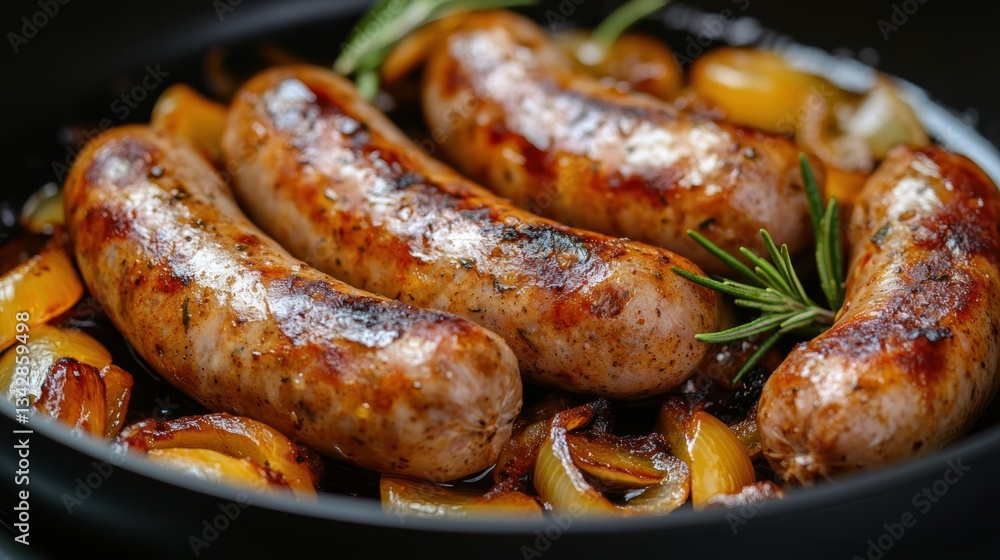 A symphony of flavors awaited as plump raw sausages, adorned with a vibrant tapestry of spices and rosemary, simmered on a bed of sizzling onions. Their tantalizing aromas hinted at the culinary A symphony of flavors awaited as plump raw sausages, adorned with a vibrant tapestry of spices and rosemary, simmered on a bed of sizzling onions. Their tantalizing aromas hinted at the culinary