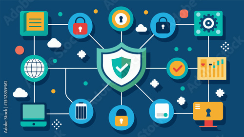An intricate system of encryption and authentication protocols securing data exchanges within a network.. Vector illustration