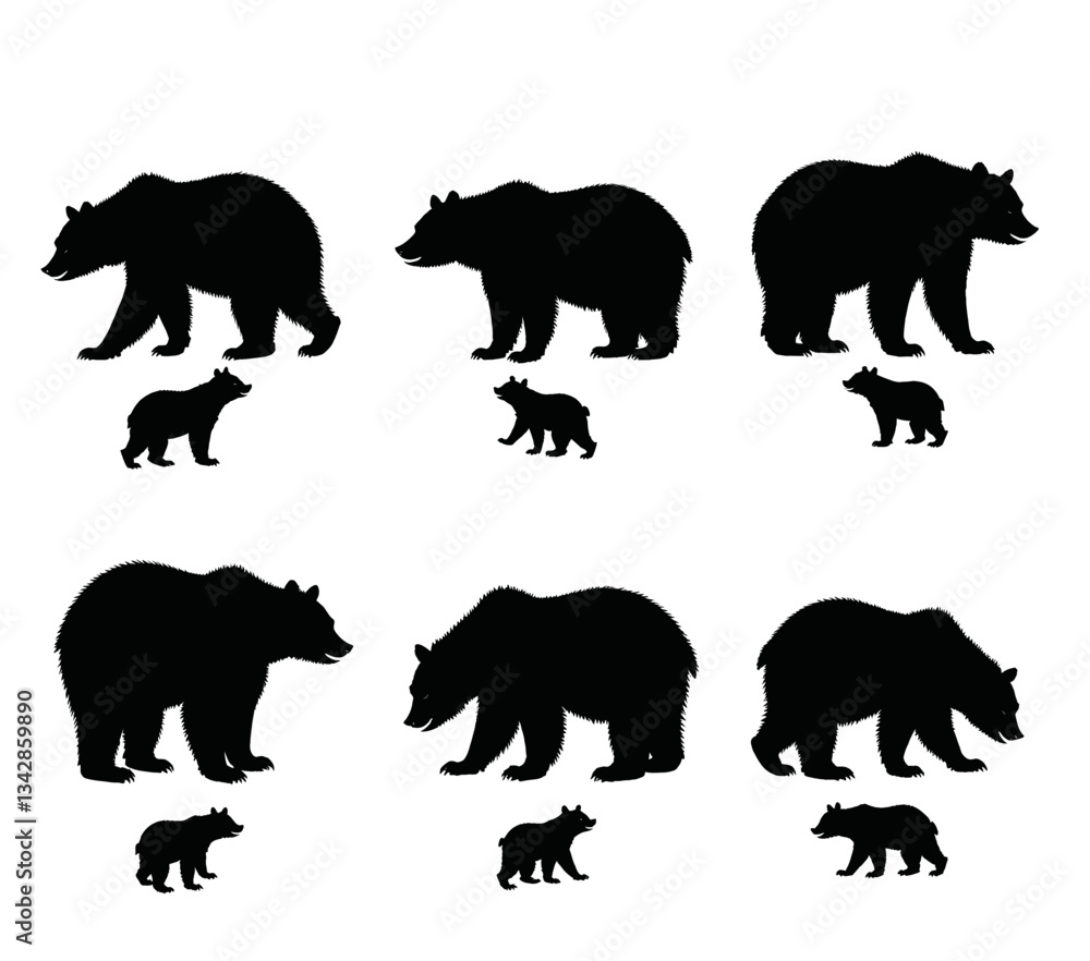 Fototapeta premium Bear Family Silhouettes Pattern on White Background