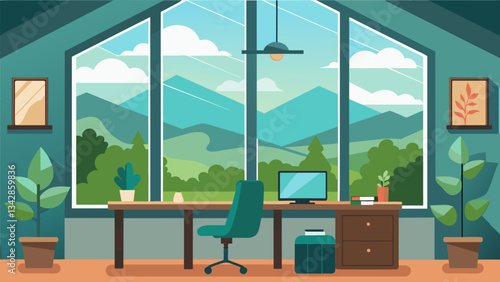 A home office with a wall covered in windows allowing the homeowner to take in the beautiful natural surroundings while working.. Vector illustration