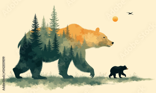 Bear silhouette filled with forest illustration art