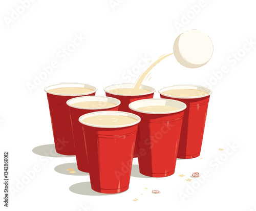 Beer pong game with red cups and ping pong ball
