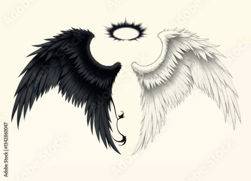 Black and white feathered wings with halo of darkness