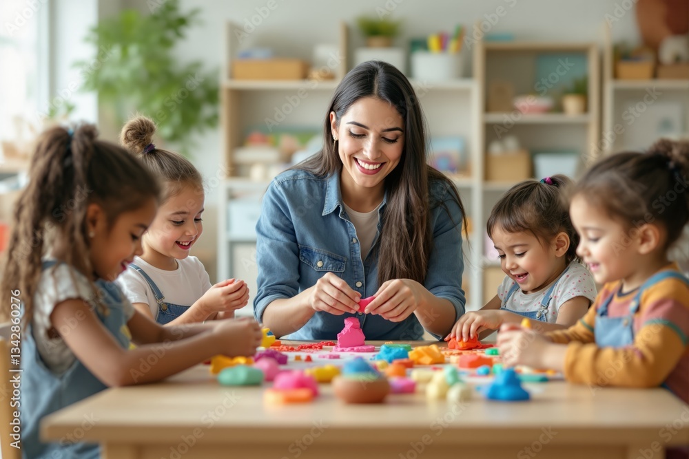 Teacher and children playing with colorful clay in a creative classroom. Teacher and children playing with colorful clay in a creative classroom.