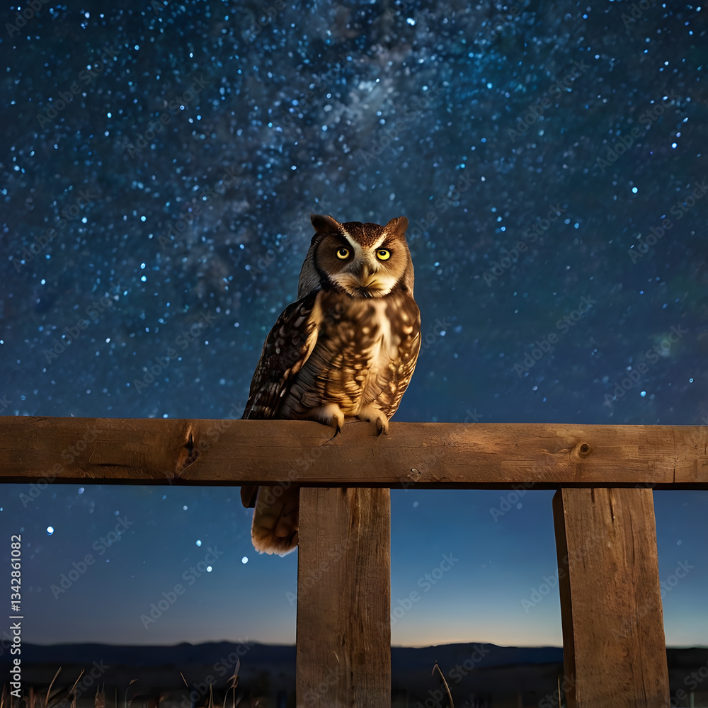 Owl and the Cosmos: A captivating portrait of an owl perched on a wooden fence against the backdrop of a stunning night sky. Owl and the Cosmos: A captivating portrait of an owl perched on a wooden fence against the backdrop of a stunning night sky.
