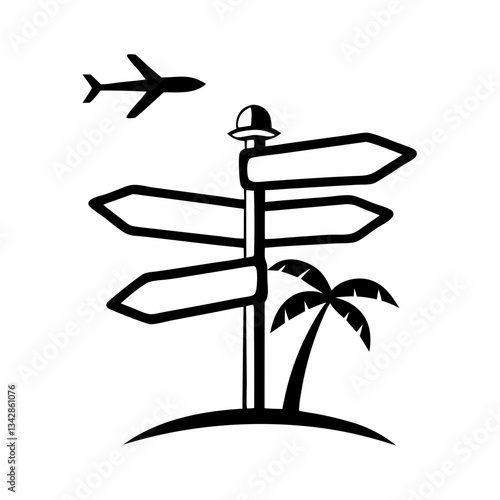 Silhouette of direction signpost with airplane and palm tree