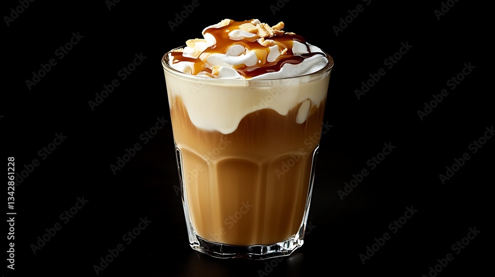 A glass of cold coffee topped with cream and caramel sauce A glass of cold coffee topped with cream and caramel sauce