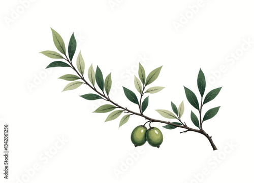 Botanical illustration of an olive branch with green olives