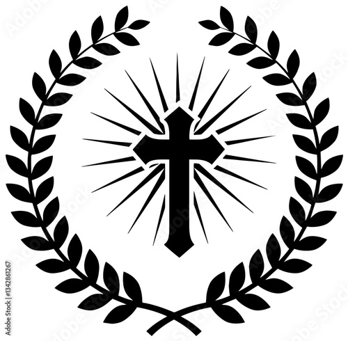 Black Cross Surrounded by Divine Radiance with Two Laurel Branches Forming a Half Circle, Faith, God, and Peace

