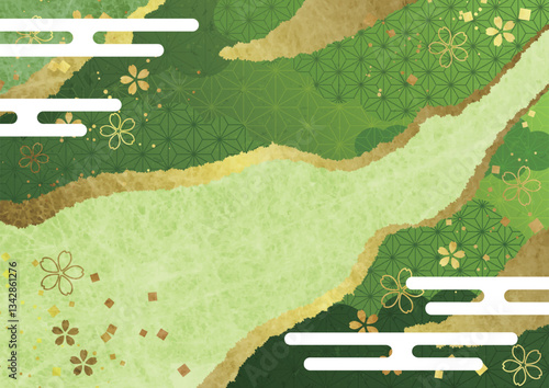 紙継、背景、緑、かわいい、イラスト、横、和風、麻の葉模様