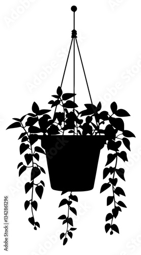 Silhouette of a Hanging Planter with a Potted Creeping Fig Plant, Featuring Long Dangling Stems with Oval Leaves, Suspended by Three Ropes, Representing Indoor Greenery and Home Décor


