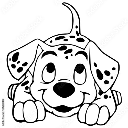 Dalmatian Puppy Lying on Its Belly with Paws Stretched Forward, Looking Up with Big Eyes and a Friendly Smile, Featuring Signature Black Spots and Floppy Ears

