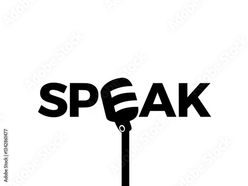 "Speak" Text Design with the Letter "E" Styled as a Microphone, Representing the Art of Public Speaking, Presentations, and Onstage Performances

