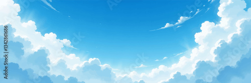 Cartoon blue sky with cumulus clouds and diffused light