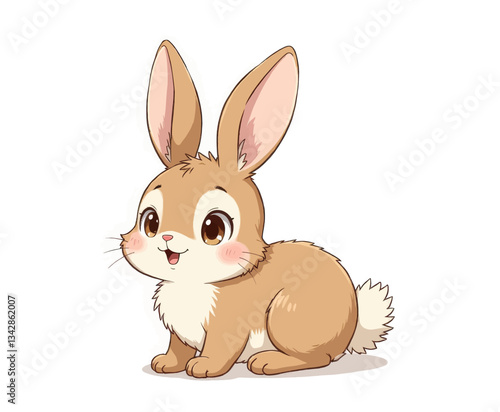 Cartoon bunny with brown fur and pink cheeks sits attentively