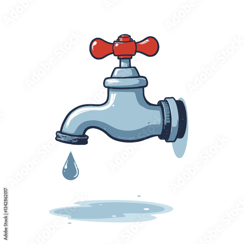 Cartoon faucet with red handle and dripping water droplet