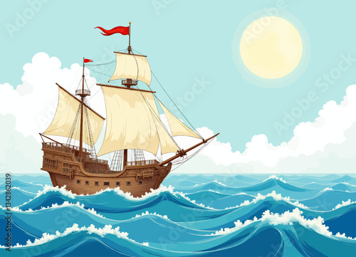 Cartoon Galleon Sailing Blue Waves Under Sun