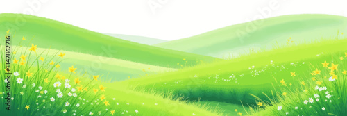Cartoon Green Hills with Yellow and White Flowers