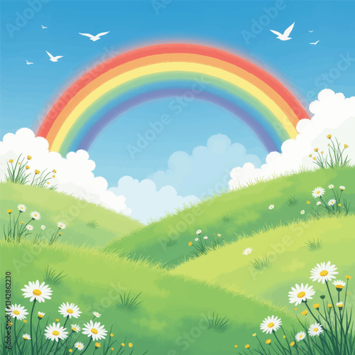 Cartoon Landscape with Rainbow, Daisies and Birds