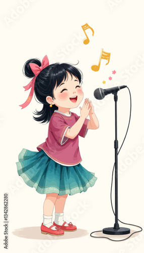 Cartoon girl singing into microphone with musical notes