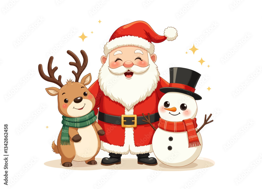 Cartoon Santa Claus with Reindeer and Snowman Friends Cartoon Santa Claus with Reindeer and Snowman Friends