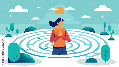A person pauses at several designated points within a labyrinth using each stop as an opportunity for reflection and gratitude before continuing on.. Vector illustration