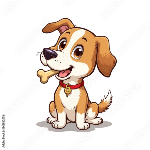 Cartoon Puppy with Bone, Red Collar