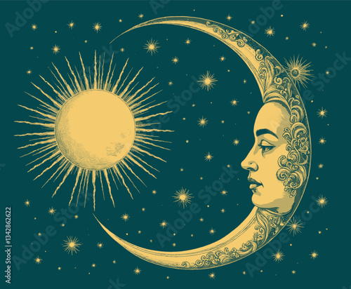 Celestial Woman in Moon Crescent with Sun and Stars